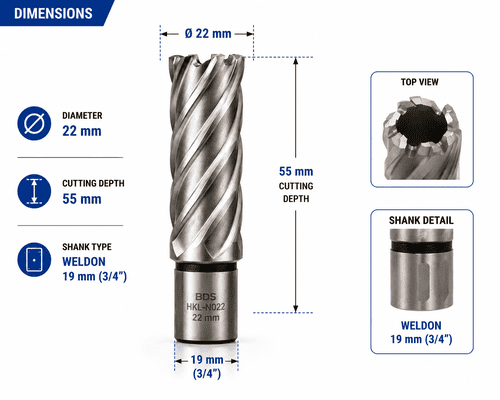 BDS HKL-N022 Carbide Tipped Core Drill 22 x 55 mm